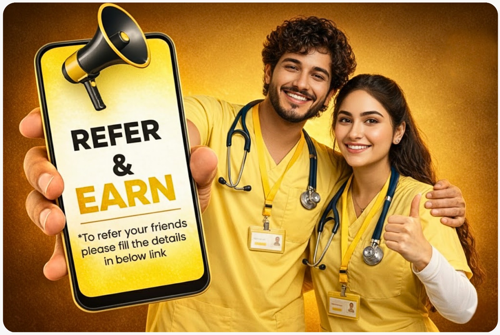 Woman with megaphone promoting referral program